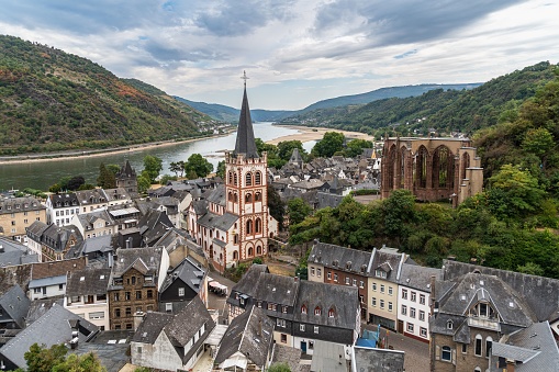 An aerial view of town with buildings in Bacharach