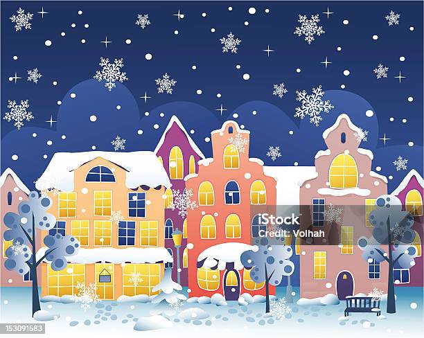 Winter Night Street Stock Illustration - Download Image Now - Architecture, Bench, Blue