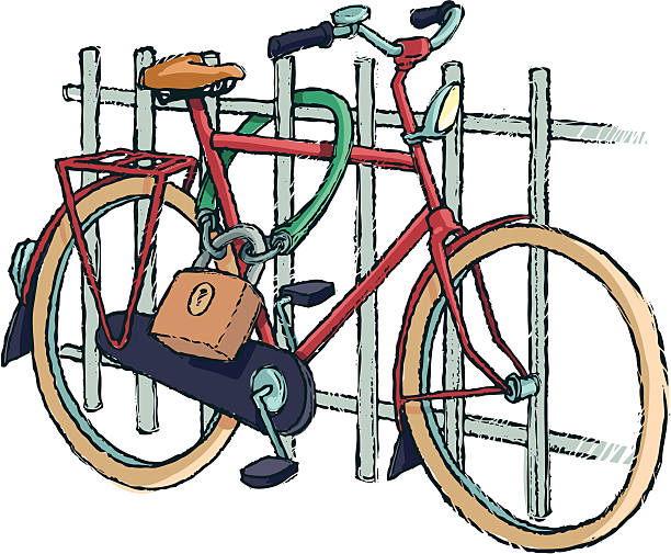Bicycle locked to iron fence a red classic bicycle is locked with a very big chainlock to an iron fence. rail fence stock illustrations