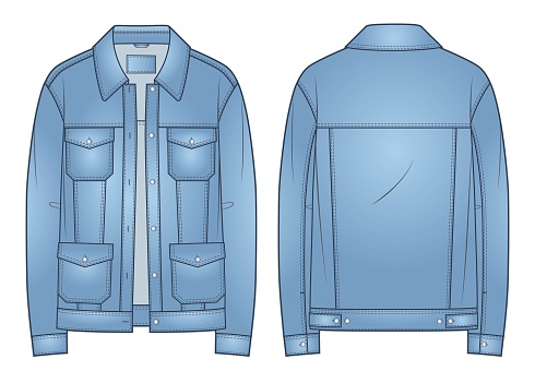 Denim Jacket technical fashion Illustration, blue design. Jeans Jacket fashion flat technical drawing template, oversize, button closure, pockets, front and back view,blue, women, men, unisex CAD mockup.