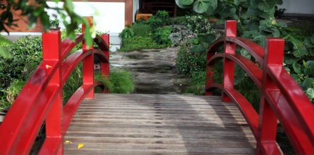 the small red bridge leads to a building next to it