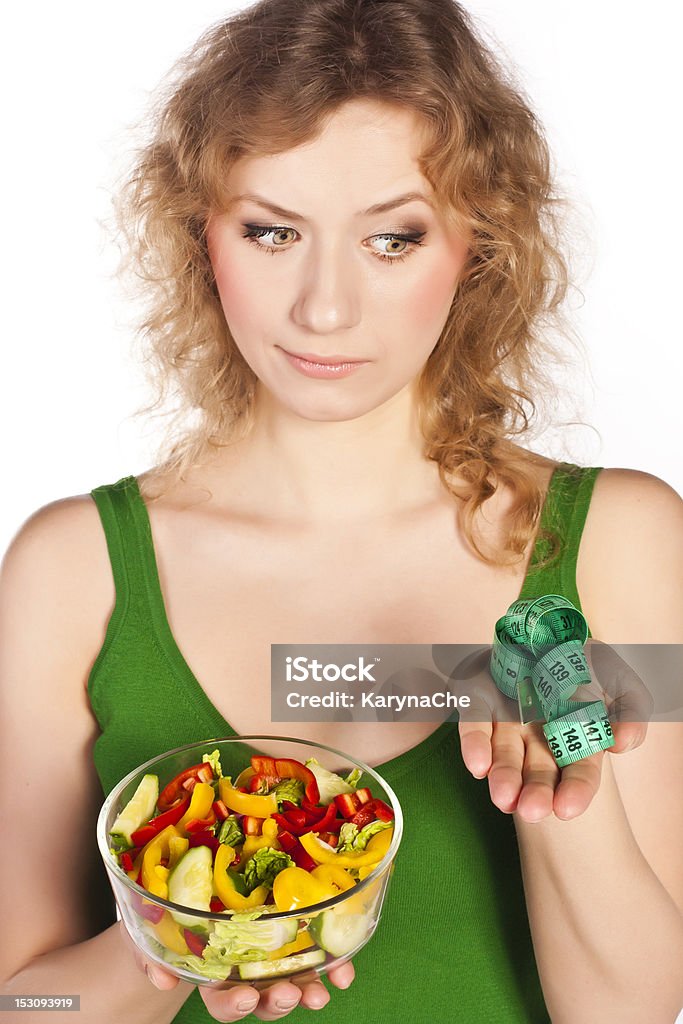 Healthy lovely woman, with salad Woman with salad isolated on white Adult Stock Photo