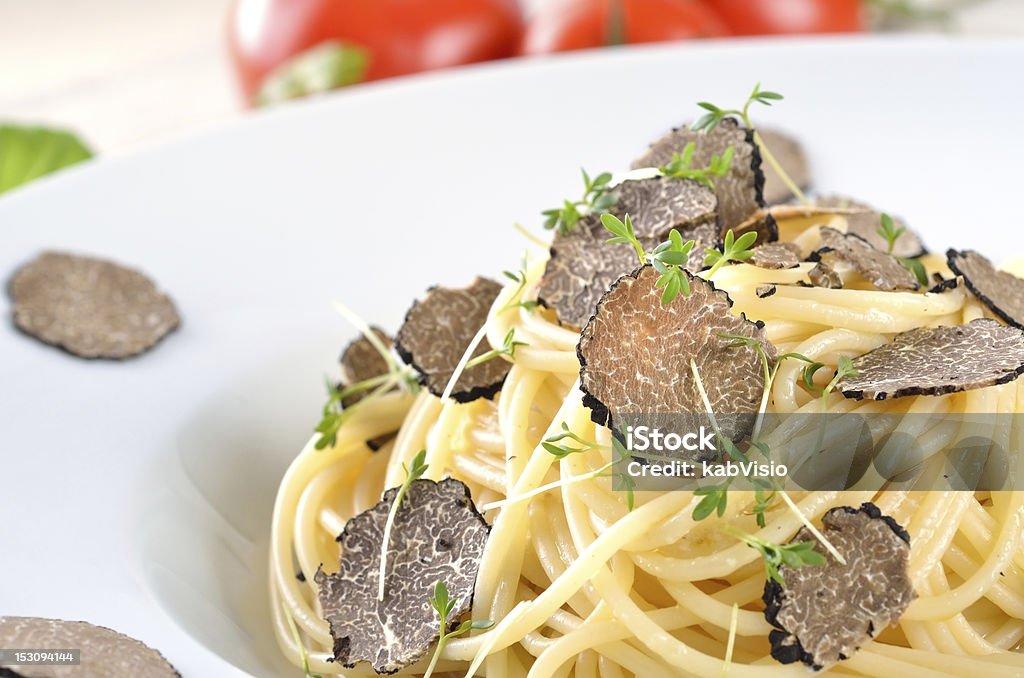 A spaghetti with fresh herbs and fresh truffles Pasta with fresh Italian truffle Pasta Stock Photo