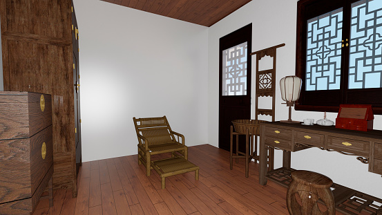 3D digital rendering of an ancient Chinese bedroom interior