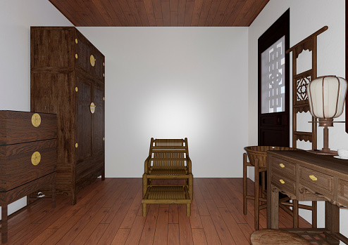 3D digital rendering of an ancient Chinese bedroom interior