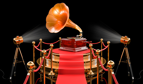Gramophone on the podium, 3D rendering isolated on black background
