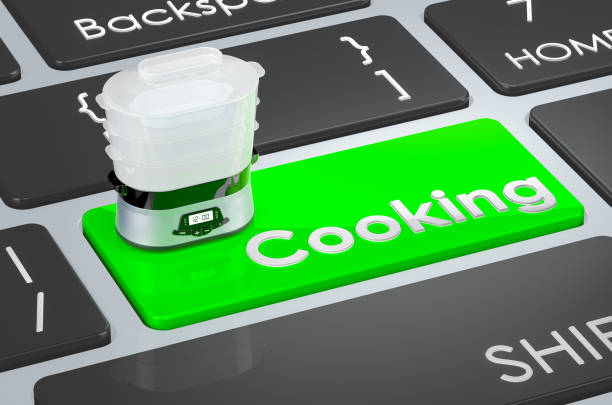 istock Cooking green key. Food steamer on keyboard. 3D rendering 1530944066