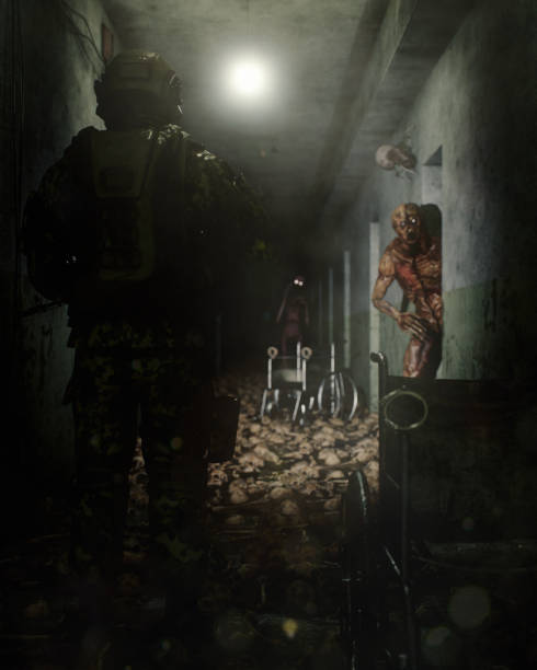 Digitally generated old and dark scary corridor showing a spec op soldier observing freaky and grotesque creatures/monsters coming out from the abandoned cells, creating a perfect horror atmosphere.\n\nThe scene was created in Autodesk® 3ds Max 2024 with V-Ray 6 and rendered with photorealistic shaders and lighting in Chaos® Vantage with some post-production added.