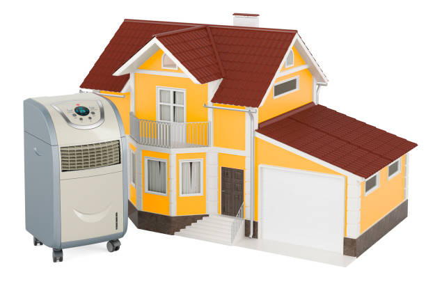 istock Portable Air Conditioner with home, 3D rendering 1530944650