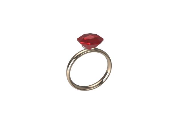 A gold ring featuring a bright red diamond in the center. 3d render.