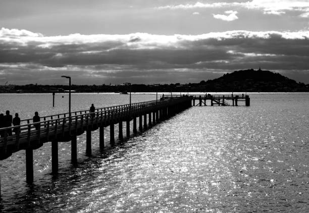 Black and white image of Orakei wharf Auckland New Zealand