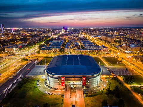 Belgrade, Serbia – June 01, 2023: Aerial view of Belgrade Arena, also known as Stark Arena, in New Belgrade, Serbia at dusk