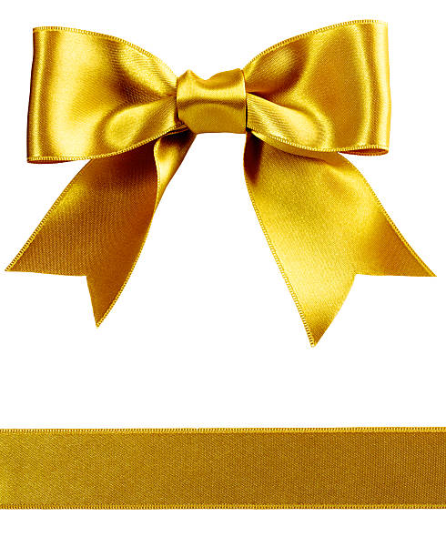 single gift bow, golden satin, with ribbon isolated on white stock photo