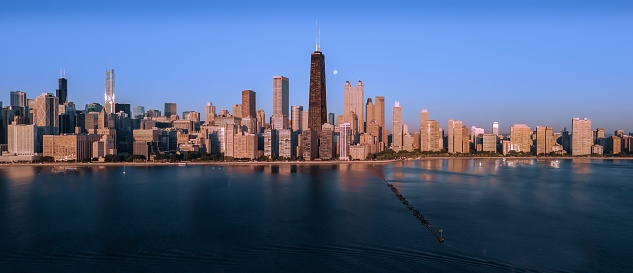 An aerial view of the iconic skyline of Chicago, Illinois