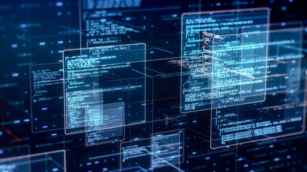 software development concept abstract network with random programming code, web and software development concept, futuristic technology, digital connectivity, cyber space (3d render) digital code stock pictures, royalty-free photos & images