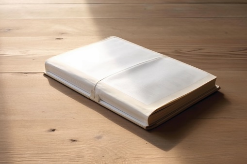 A white hardcover book lying horizontally on a wooden tabletop, with a subtle shadows on