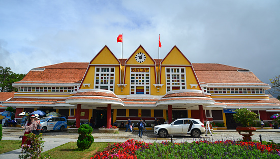 Dalat, Vietnam - Nov 25, 2017. Facade of railway station in Dalat, Vietnam. The station was designed in 1932 by French architects Moncet and Reveron, and opened in 1938.