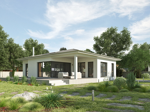 3d rendering of a modern Bungalow on a large garden plot