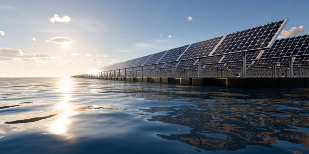 istock 3d rendering of floating solar, floatovoltaics or solar farm on water with sky background. 1530975431