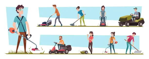 Vector illustration of Garden care. People with lawn moving machine care green grass outdoor exact vector illustrations set