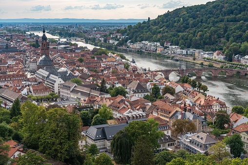 An Aerial view of Heidelberg Old Town seen from Heidelberg Castle viewpoint, Baden-Wurttemberg, Germany