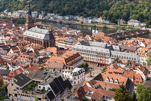 aN Aerial view of Heidelberg Old Town seen from Heidelberg Castle viewpoint, Baden-Wurttemberg, Germany