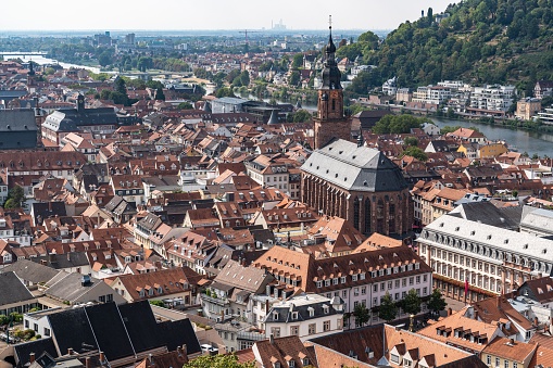 An Aerial view of Heidelberg Old Town seen from Heidelberg Castle viewpoint, Baden-Wurttemberg, Germany