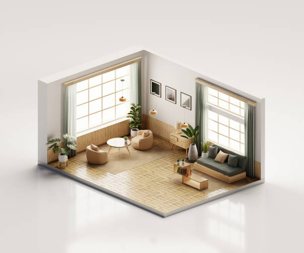 istock Isometric view living room muji style open inside interior architecture 3d rendering digital art 1530979900