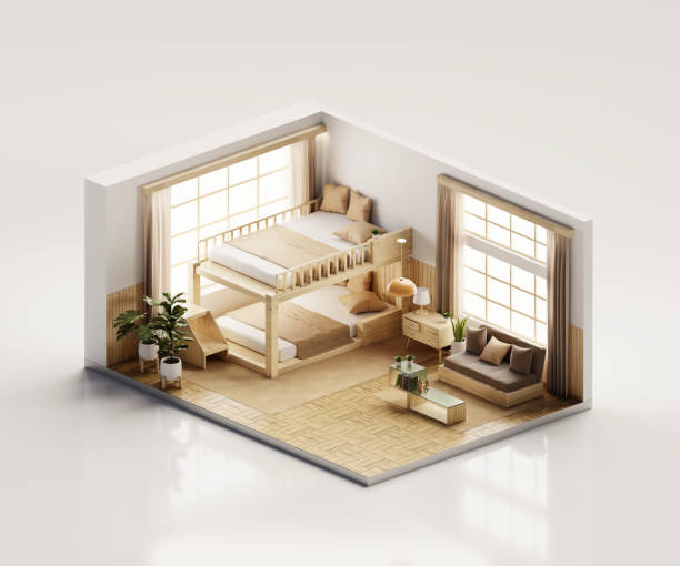istock Isometric view bed room muji style open inside interior architecture, 3d rendering digital art. 1530979936