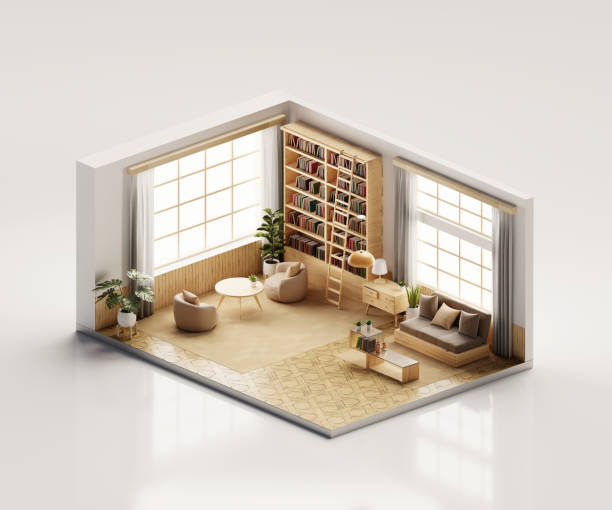 istock Isometric view living room muji style open inside interior architecture, 3d rendering digital art. 1530979943
