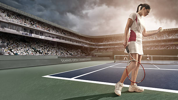 Tennis Player About To Serve female tennis player getting ready to serve in professional tournament in stadium under stormy sky baseline stock pictures, royalty-free photos & images
