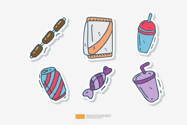 Vector illustration of beef sausage, potato chips package, Taiwanese bubble milk tea, cola soda, sweet candy, cold drink cup doodle icon. Fast food Cute doodle. Cuisine and drink Sticker Set Vector Illustration