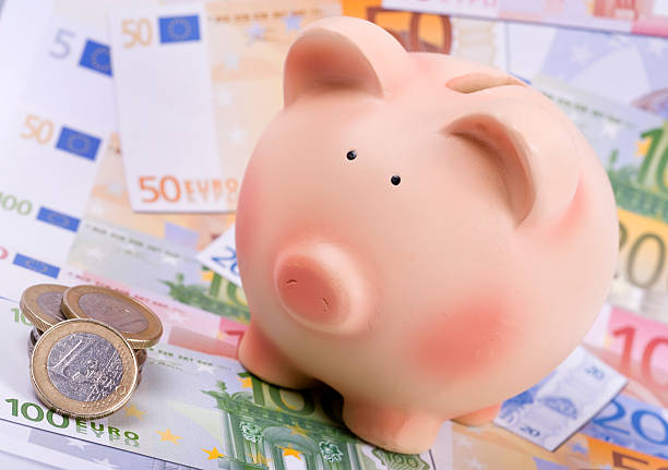 istock Piggy bank on euro banknotes 153099321