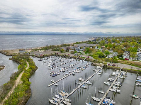 An aerial view of the South Benson Marina in Fairfield, Connecticut.