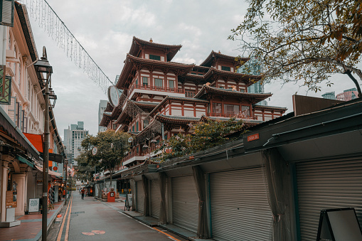 Random street around China Town Singapore with Temple as background
