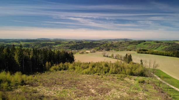 Tranquil countryside landscape features an array of green trees and hills. North Bohemia, Czechia.