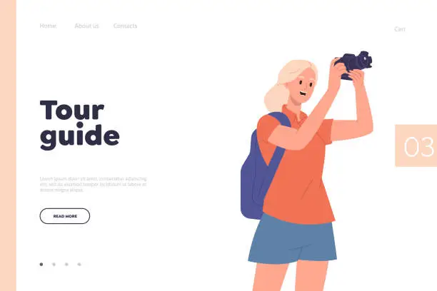 Vector illustration of Tour guide online service landing page design template with happy woman tourist cartoon character