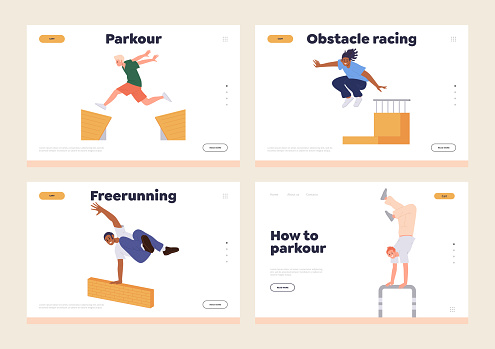 Isolated set of landing page design template for parkour club, freerunner community sportive young people. Website vector illustration with acrobat and runner sportsman character overcoming obstacle