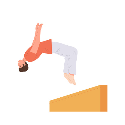 Teenager boy parkour sport lover doing backflip stunt rolling trick jumping isolated on white background. Vector illustration of happy teen guy admiring urban street extreme activity freerunning