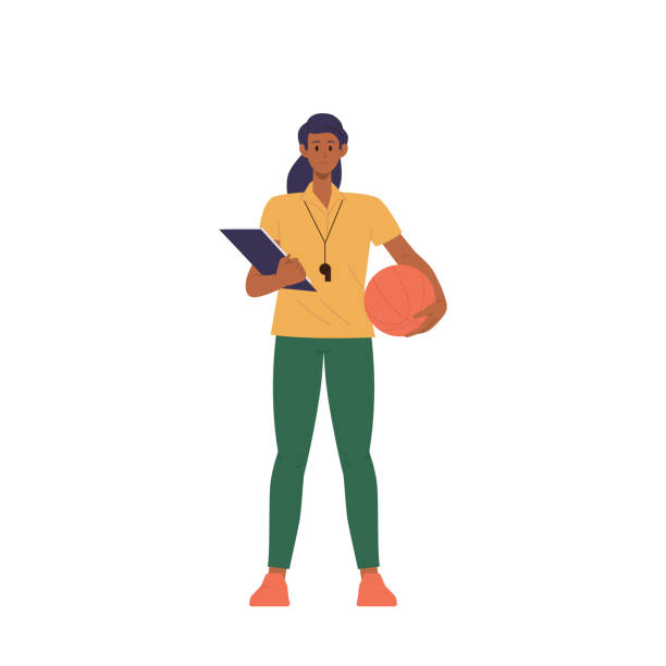 женщина-учитель физкультуры держит мяч и планшет, стоящий изолированно на белом фоне - coach stock illustrations