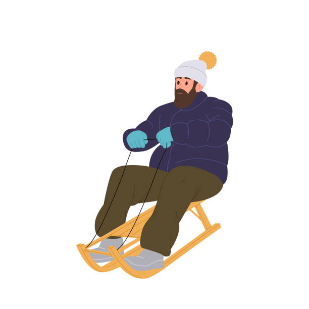 ilustrações de stock, clip art, desenhos animados e ícones de young hipster man sledding downhill enjoying fun speed sleigh ride isolated on white background - winter men joy leisure activity