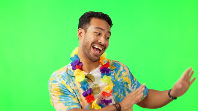 Man, dance and vacation shirt by green screen, studio background and excited face in Hawaii mockup. Young guy, wave dancer and happy with tropical fashion for holiday, funny and flowers for mock up