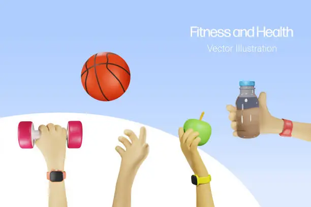 Vector illustration of Fitness and healthy, sporty lifestyle. Hands character holding dumbbell, fruit, water bottle and playing basketball. Healthy and appropriate nutrition. 3D vector.