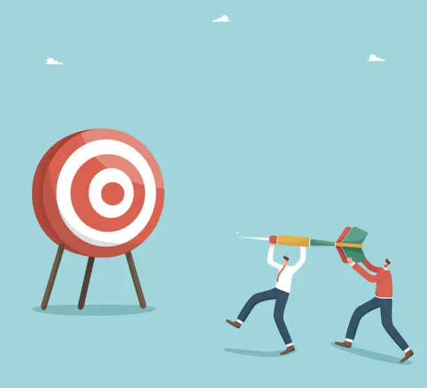 Vector illustration of Two men throw a dart at a target