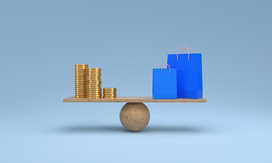 Wood scale with coins stacks and shopping bag. Weight, comparison, money safe, exchange, idea, management and investing concept. 3D rendering.