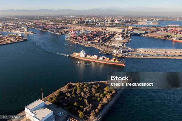 Port Of Long Beach Cargo Facilites Aerial View Stock Photo - Download Image Now - Above, Aerial View, California