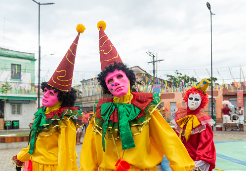 Maragogipe, Bahia, Brazil - February 20, 2023: People dressed in Venetian style are seen during Carnival, in Maragogipe, a city in Bahia, Brazil.