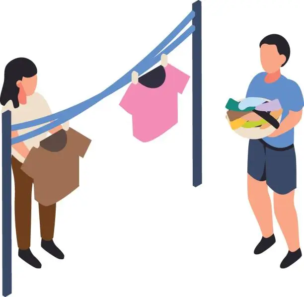 Vector illustration of Husband Helping His Wife Hanging Clothes isometric Concept, Couple Laundry or weekend wash Vector Icon Design, Weekly holidays Activity Symbol, Week Rest Days Sign, Lazy weekends people Stock illustration