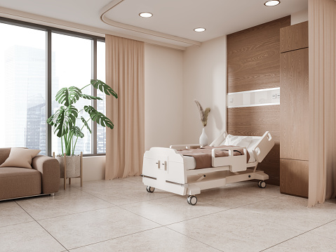Stylish private hospital room interior bed and sofa, shelf and panoramic window on Singapore skyscrapers. Beige medical healthcare place for patient recovery. 3D rendering