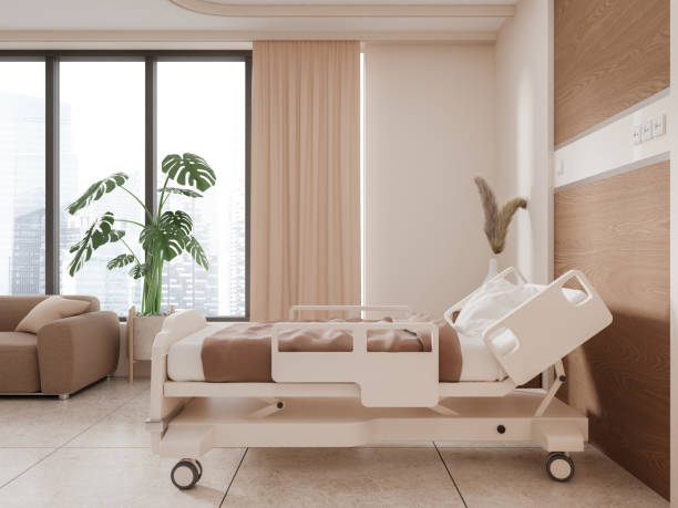 istock Beige hospital room interior with bed, couch and panoramic window 1531073539